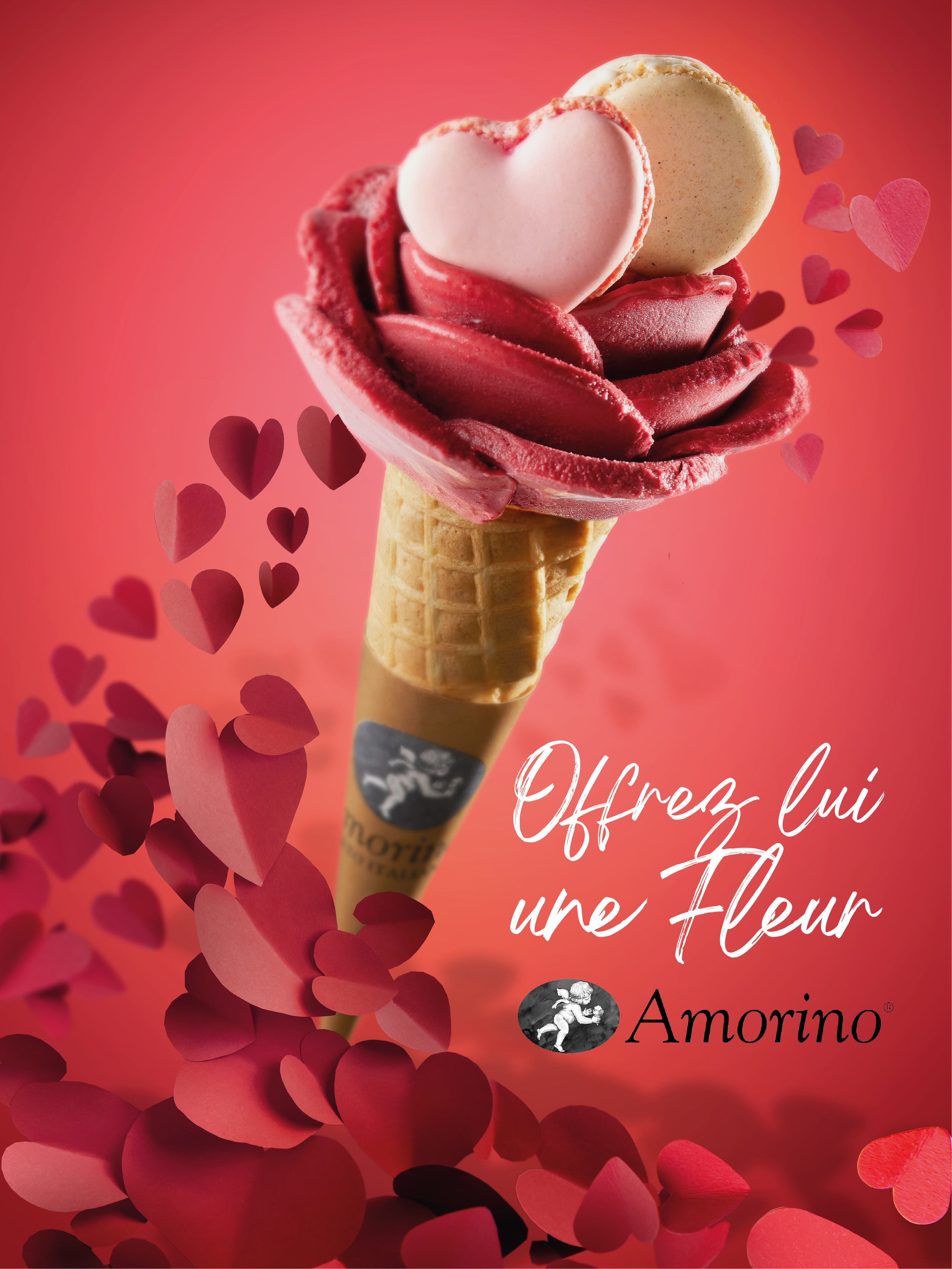 Amorino Valentine’s Day campaign featuring a rose-shaped ice cream cone.