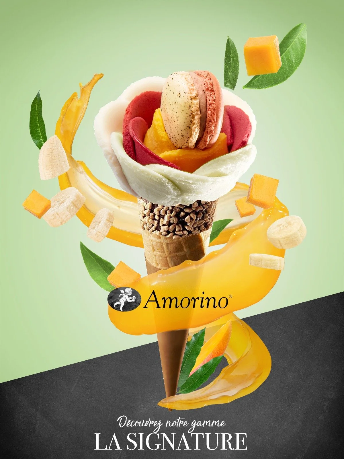 Amorino rose-shaped ice cream cone with macarons and fruit.
