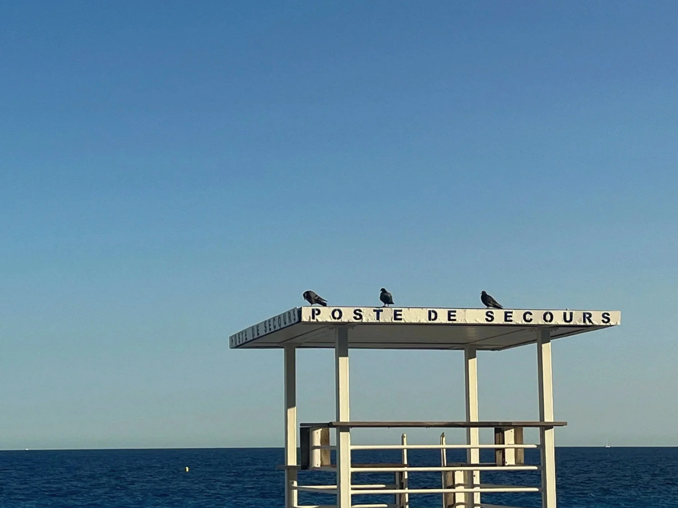 Beach lifeguard stand with seagulls on top, ocean in the background in Côte d'Azur.