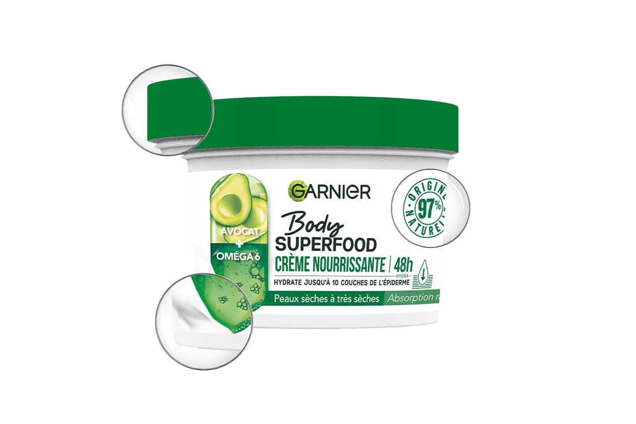 Garnier Body Superfood moisturizing cream packaging with avocado illustration.