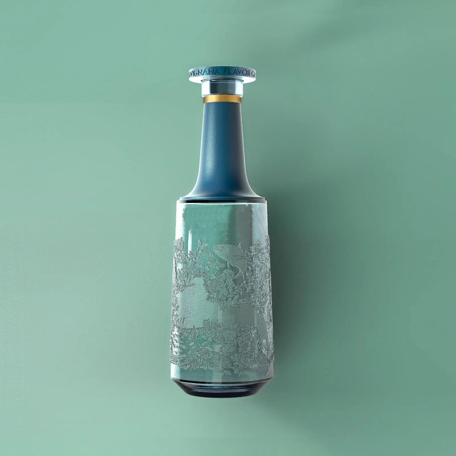 A glass bottle labeled 'Favignana Flavor' with a engraved detailed floral design, placed against a mint green background.
