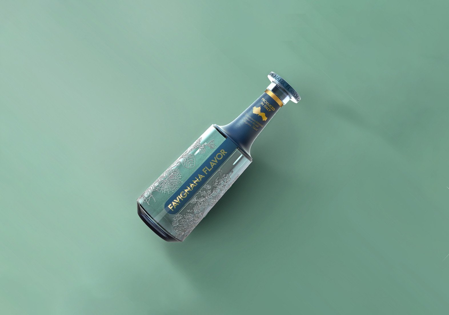 Italian glass Gin bottle packaging on a green background.