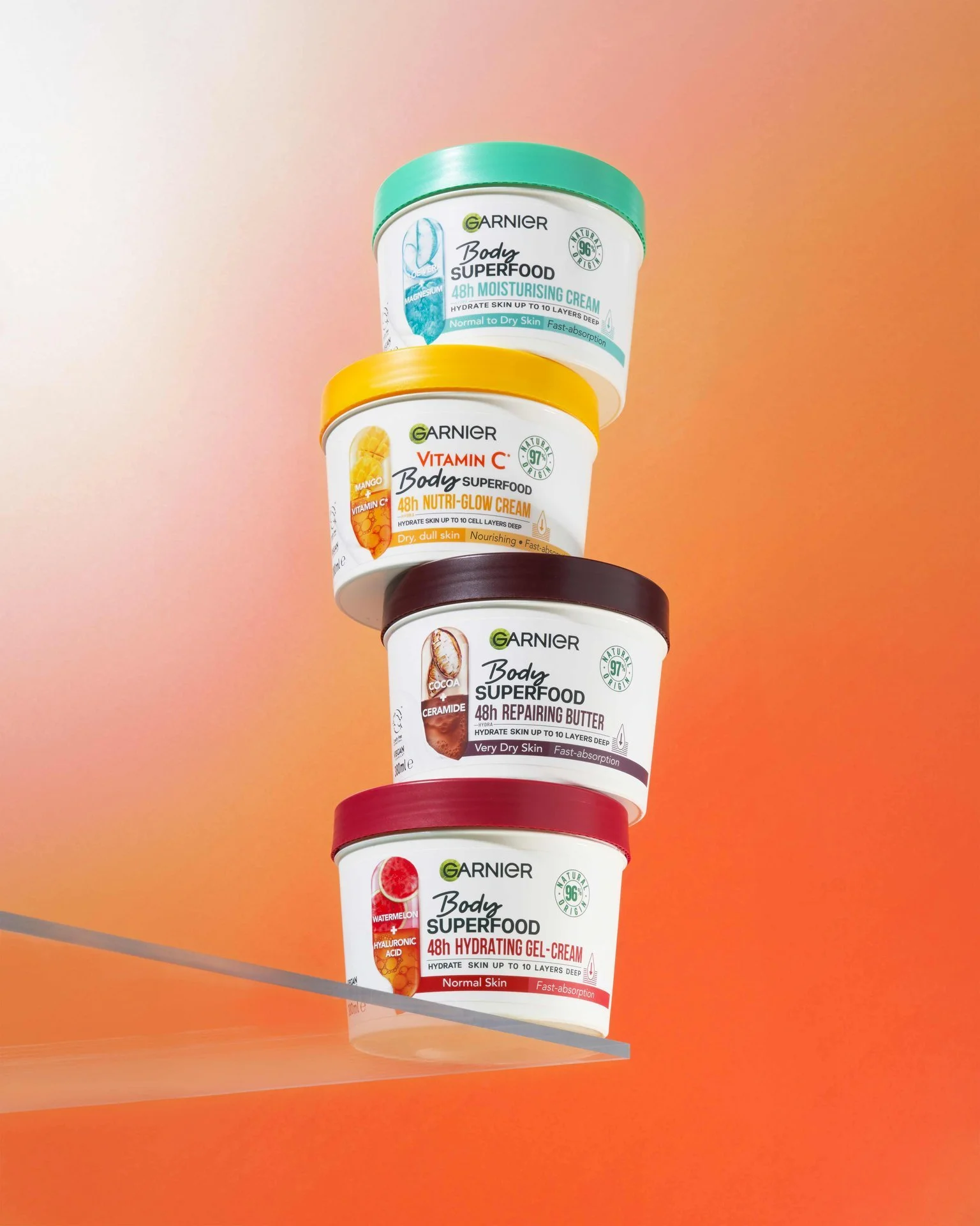 Stack of Garnier Body Superfood packaging creams in different variants