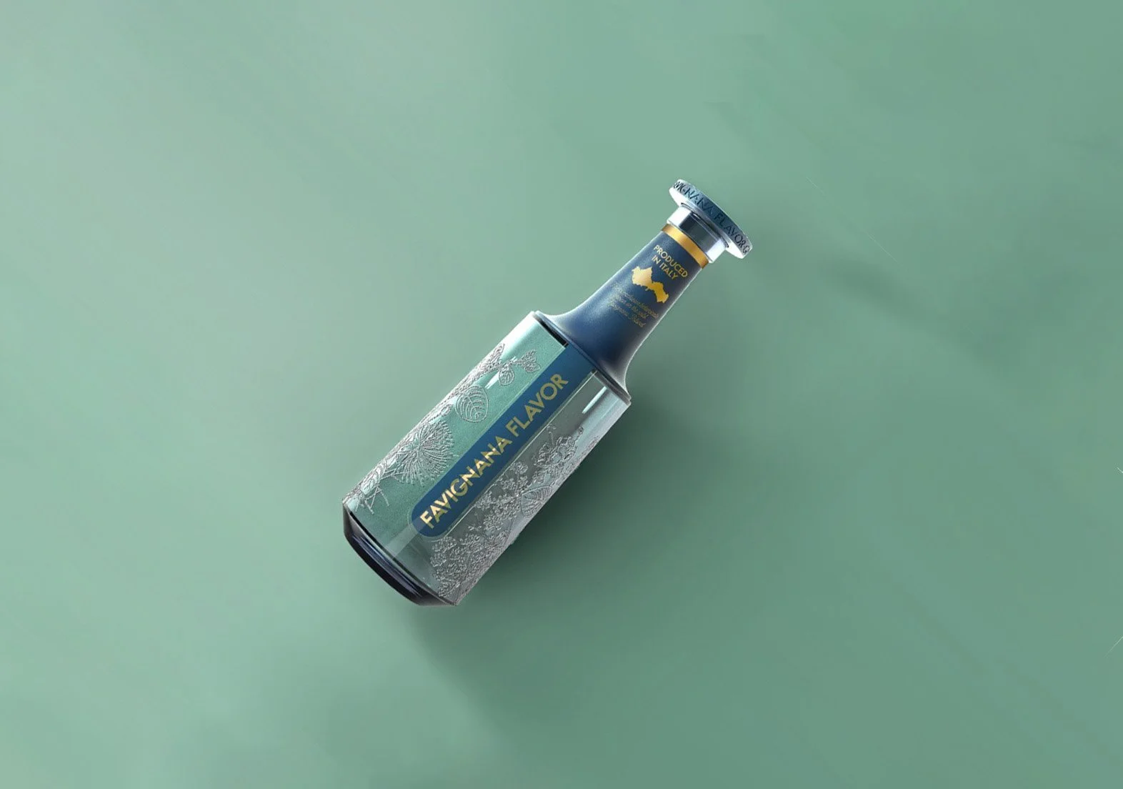 Italian glass Gin bottle packaging on a green background.