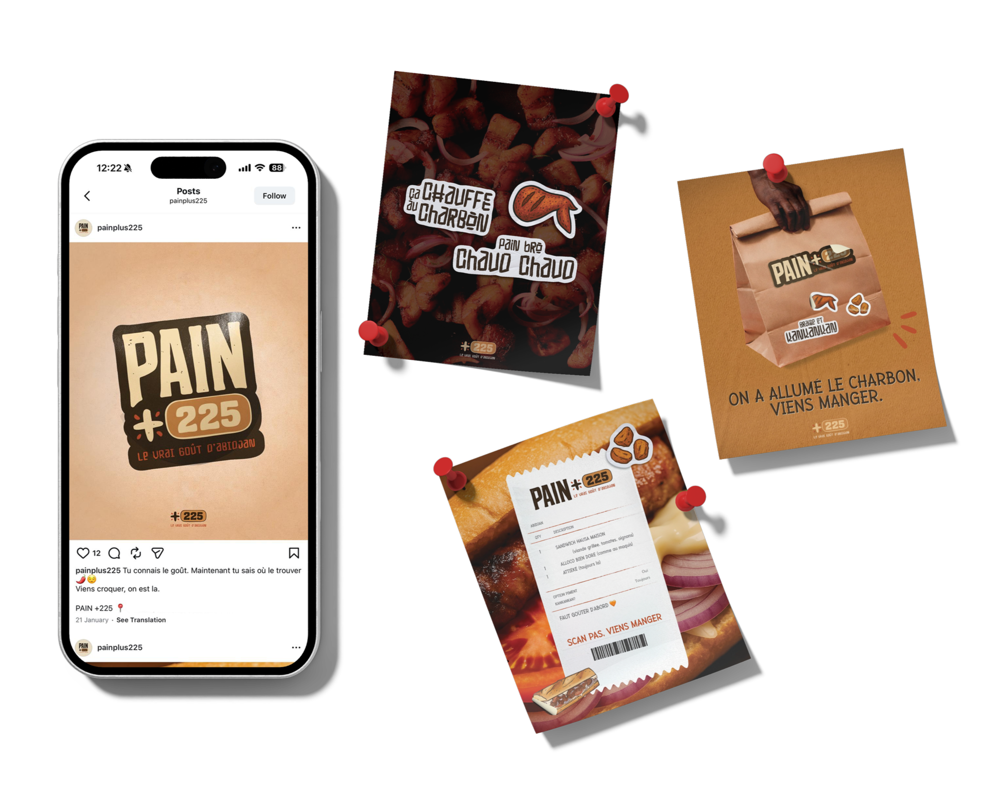 Collection of promotional images for Pain+225 food brand, including social media post, menu, and posters featuring grilled meat, sandwiches, and French fries, with branding and slogans in French.