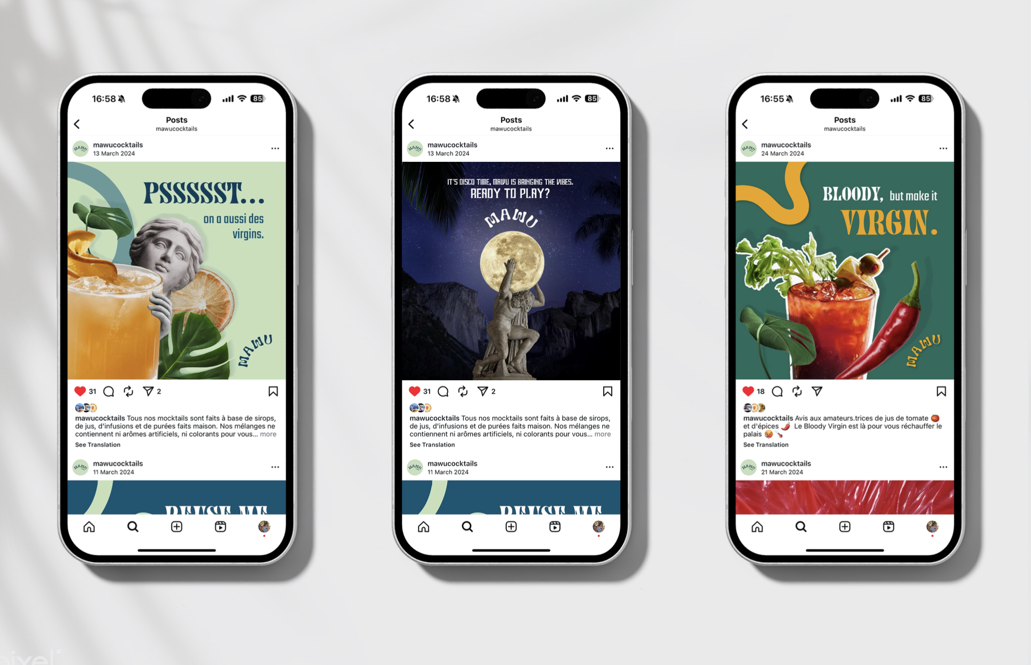 Three smartphone screens displaying Instagram posts from mawuccocktails. The first features a cocktail with citrus slices and a classical sculpture, with text "PSSSSST... on a aussi des virgins". The second shows a statue against a moonlit mountain l
