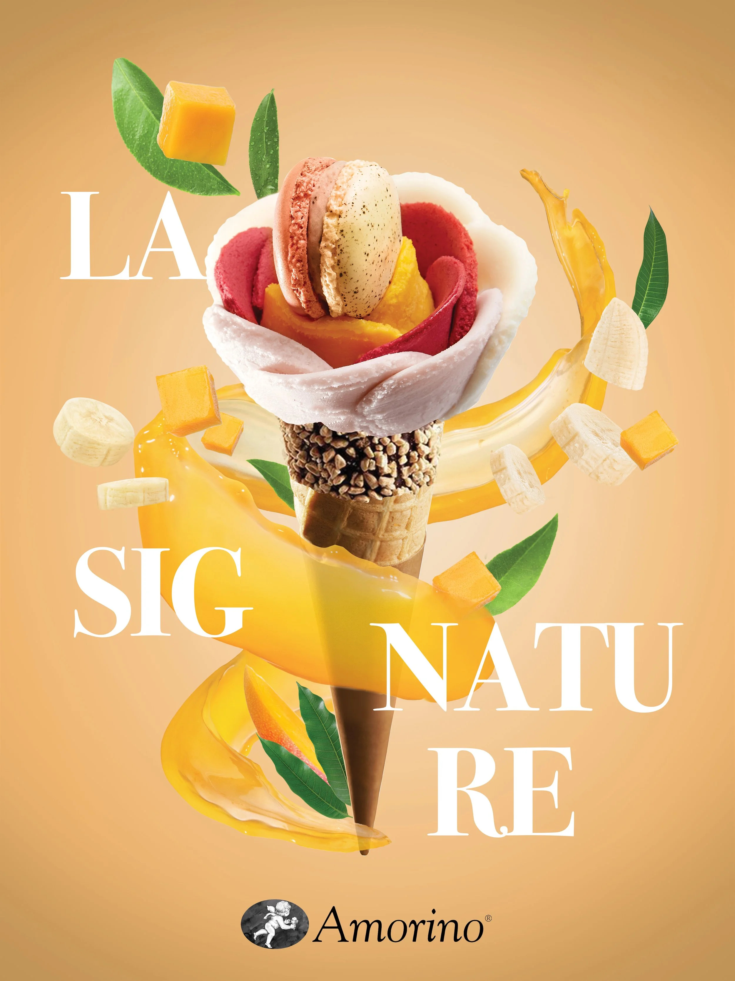 Amorino ice cream cone shaped like a rose with fruit elements, macarons, banana and mango pieces.