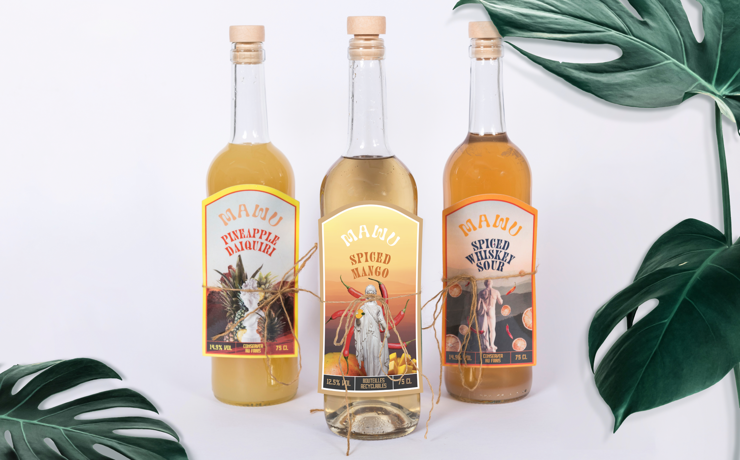 Three MAWU cocktail bottles with illustrated labels.