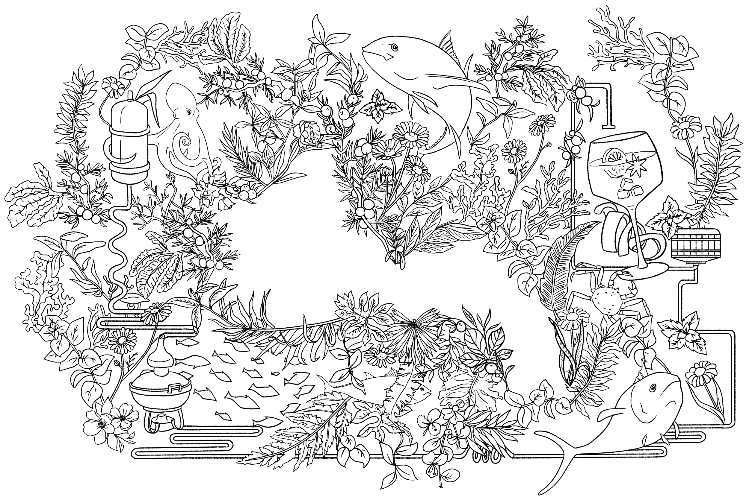 Detailed line illustration combining botanical elements and scientific imagery.