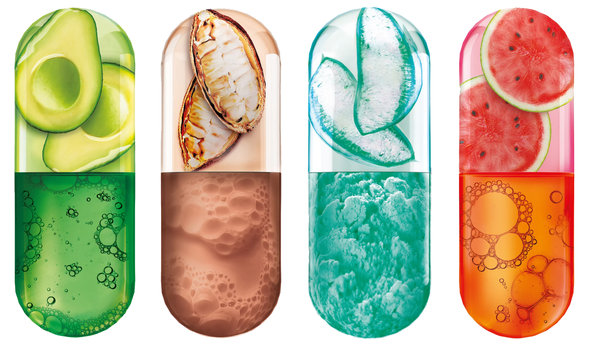 Capsule illustrations filled with textured liquids and ingredient imagery.
