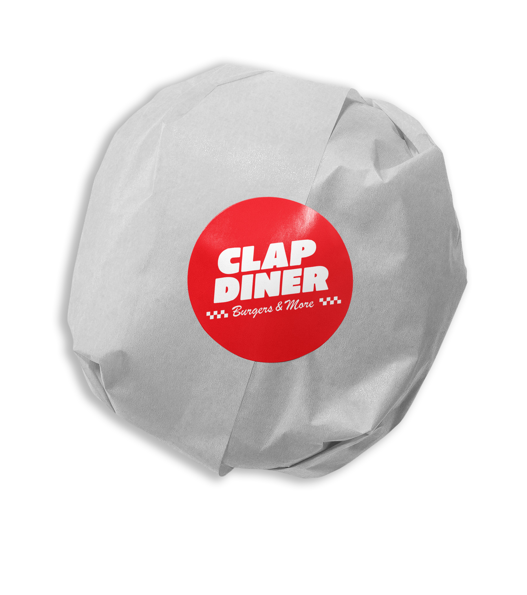 Wrapped burger with a red sticker on the front that reads "CLAP DINER, Burgers & More."