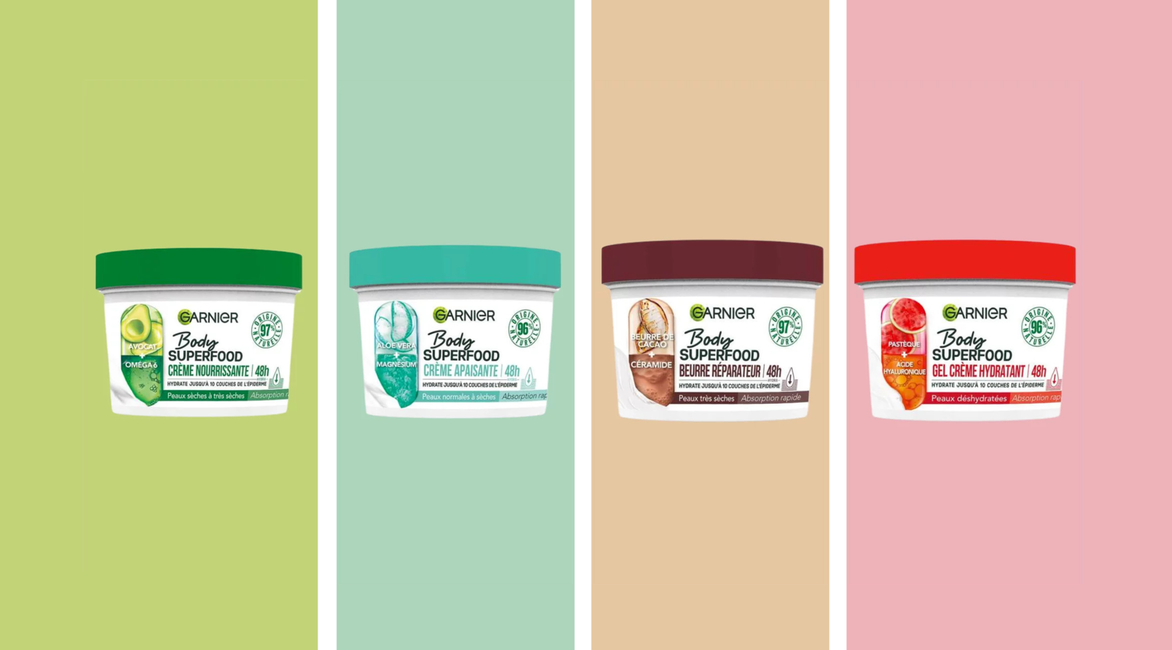 Garnier Body Superfood packaging designs in four color variations.
