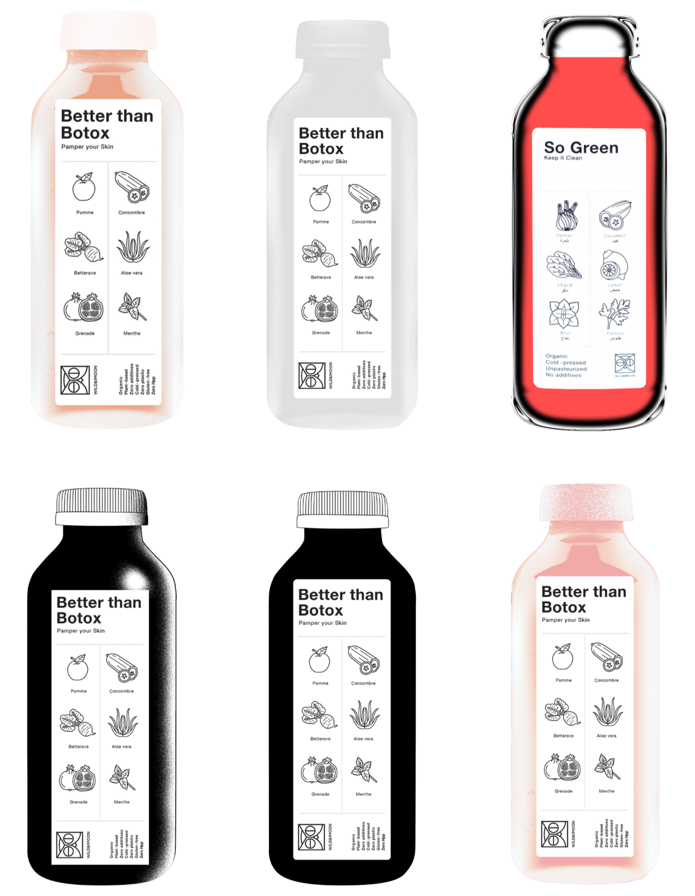 Series of minimalist cold-pressed juice bottles with illustrated ingredient icons.