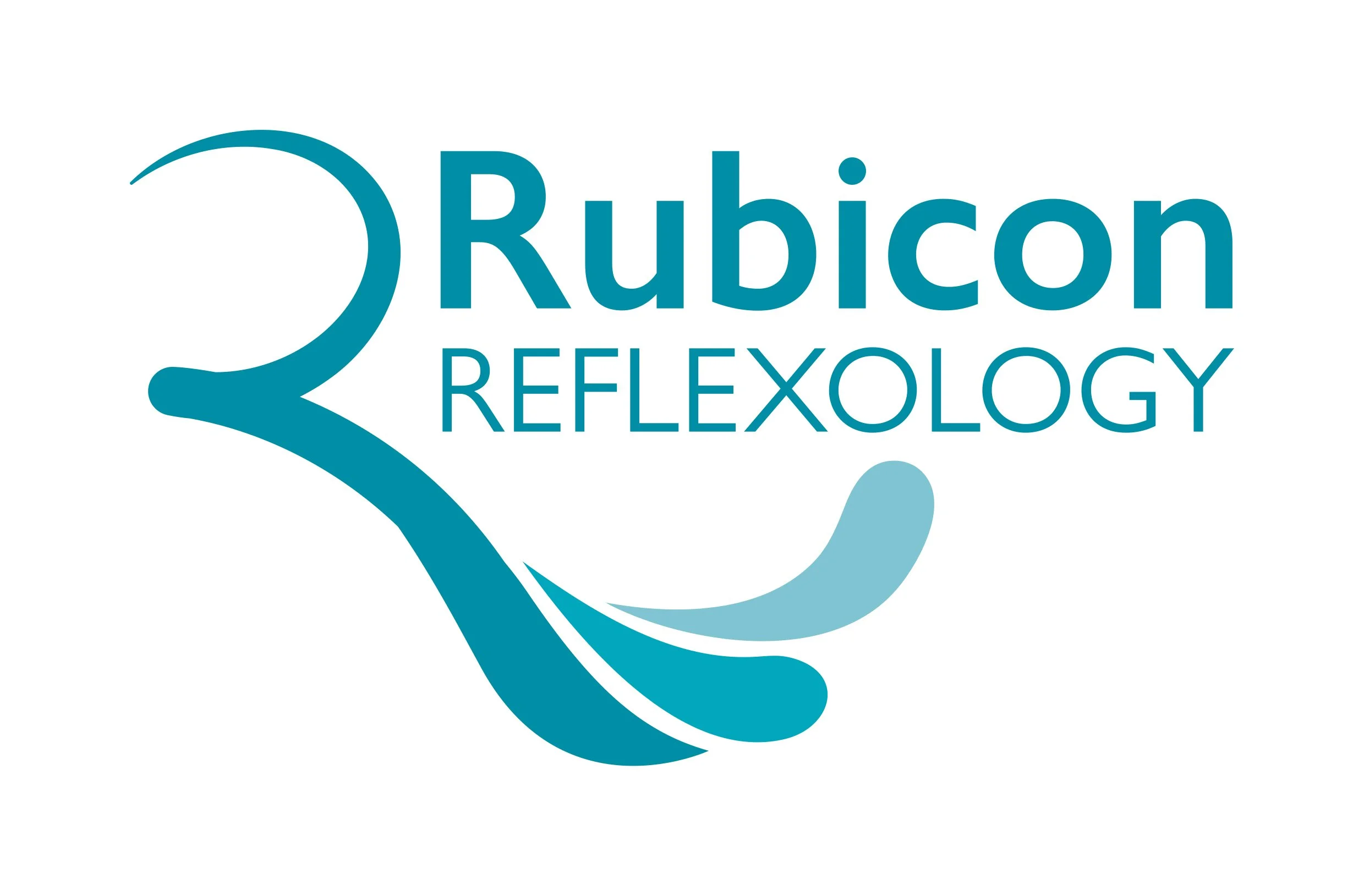 Rubicon Reflexology logo, sweeping R with toes