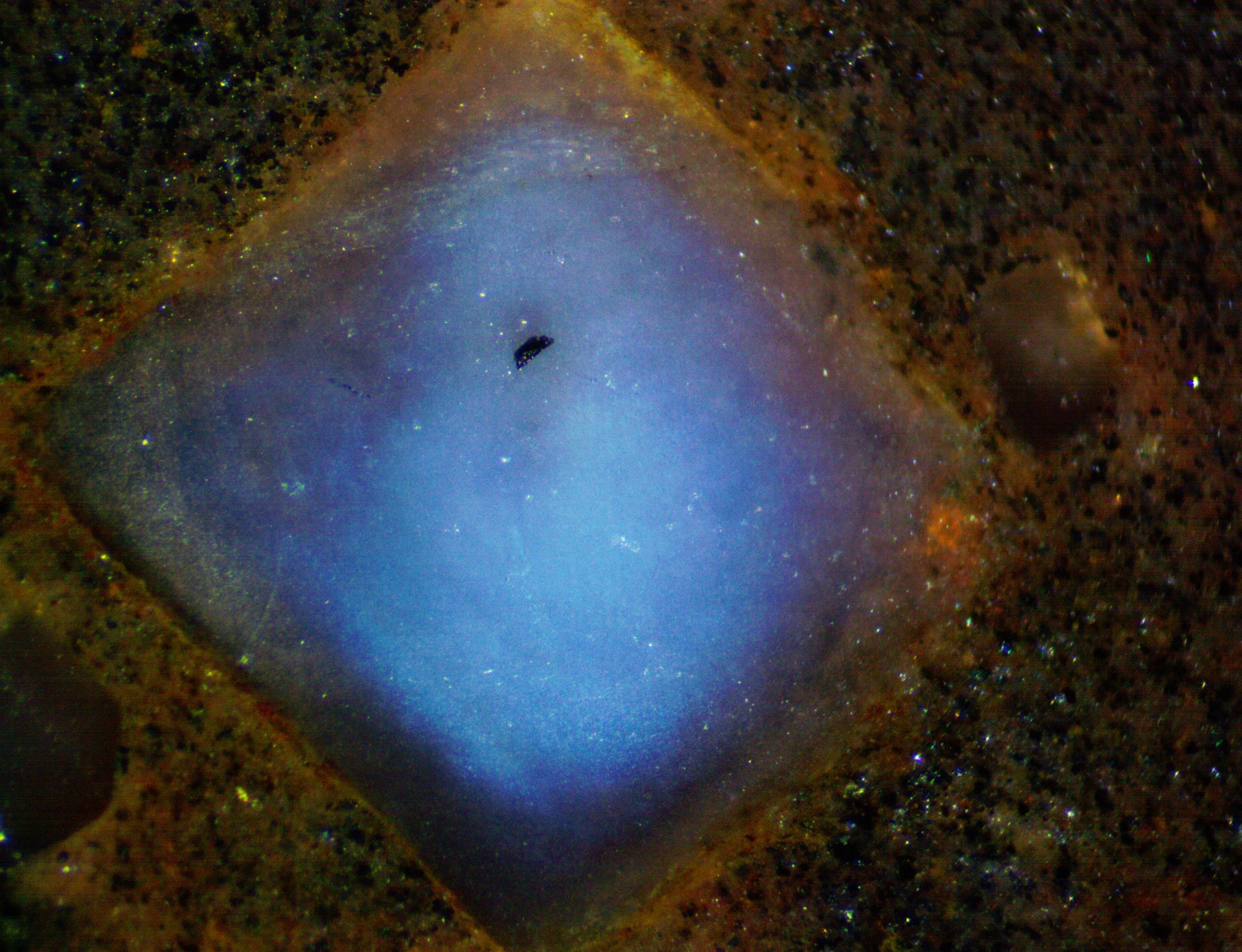 Polished section of the Llano rhyolite (Texas, USA) showing blue quartz with color zoning and chatoyancy.