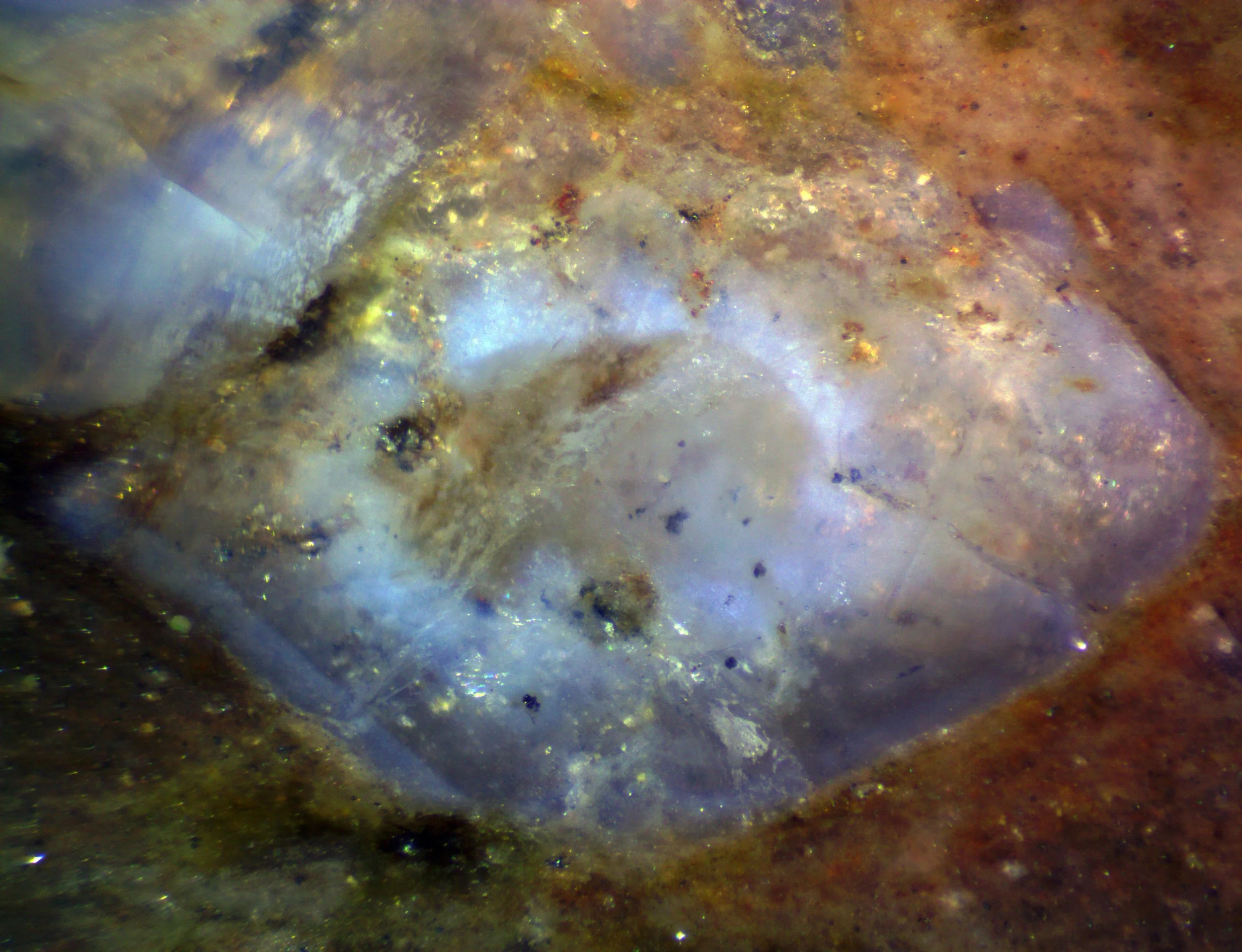 Polished section of the Rio dos Remédios metarhyolite (Bahia, Brazil) showing blue quartz with two types of color zoning.