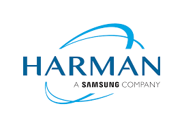 Harman logo with blue font and swoosh design, accompanied by the Samsung logo.