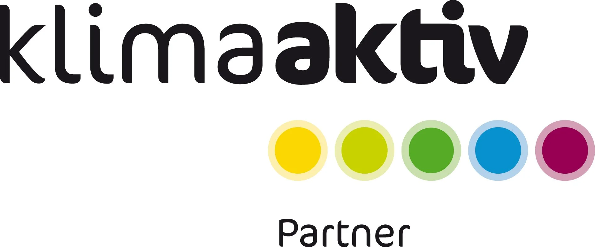 Logo for Klimaktivi Partner with the word 'klimaktivi' in black font above a row of six colorful circles in yellow, light green, green, blue, purple, and pink.