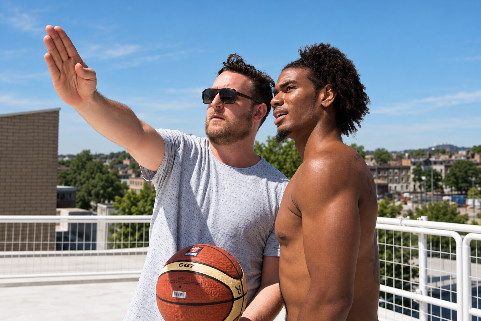 Jon Enoch directing a portrait subject during a rooftop photo shoot.