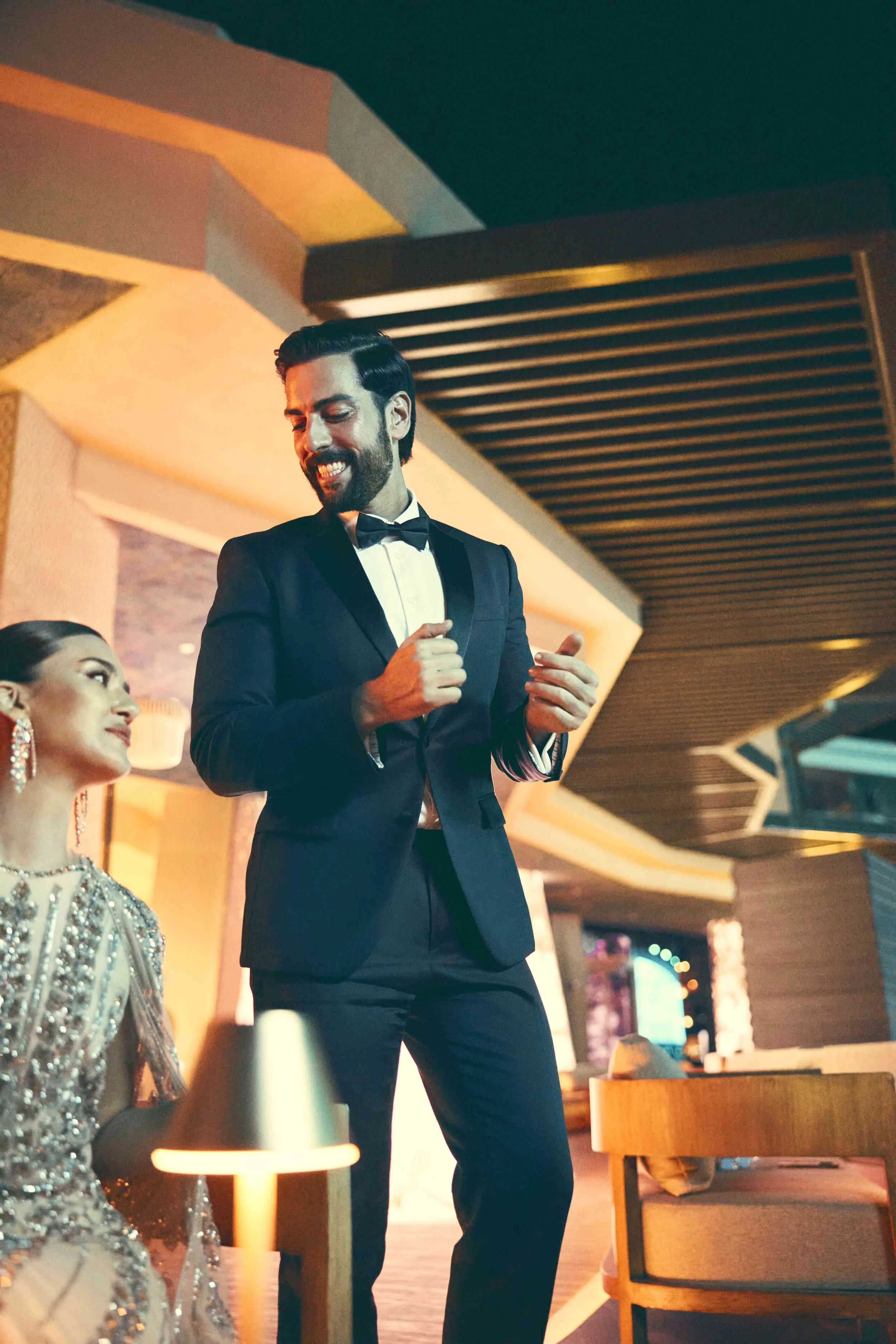 Guest enjoy a night on the luxury Sindalah Island part of the Saudi Neom project in this lifestyle image from photographer Jon Enoch