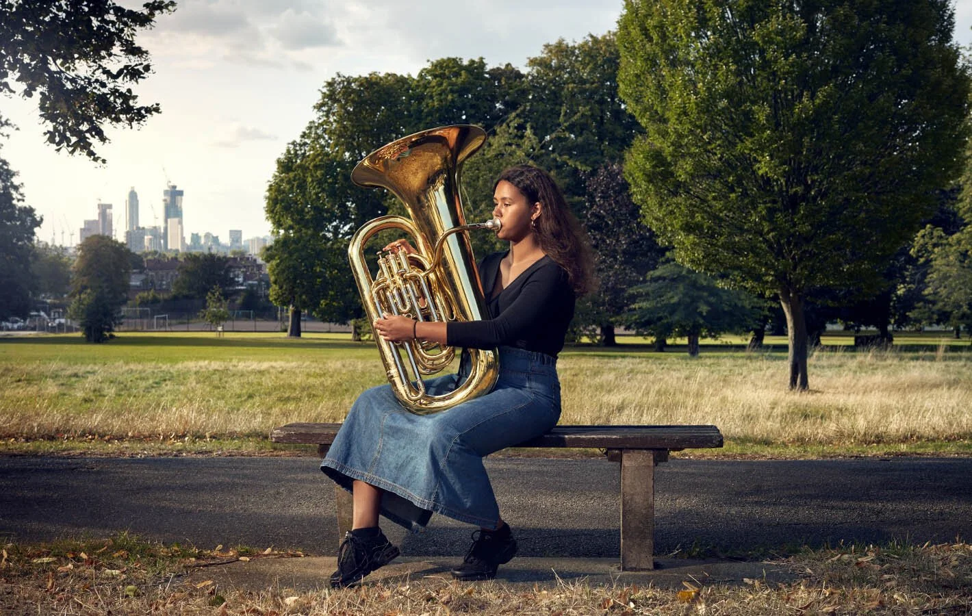 Rehearsal Room by Photographer Jon Enoch. Pictured: Hanna Mbuya and her Tuba in Denmark Hill, London.