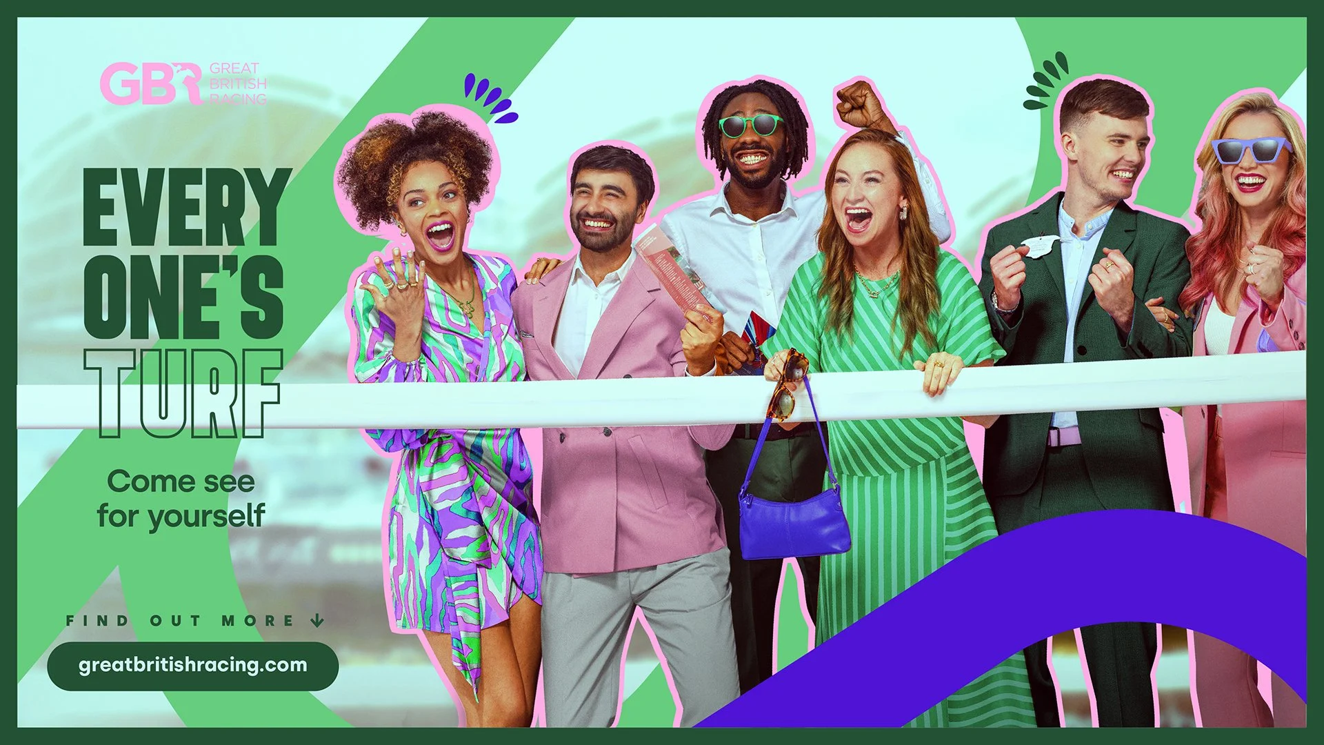 A group of people watch the races in this advertising image by Jon Enoch.