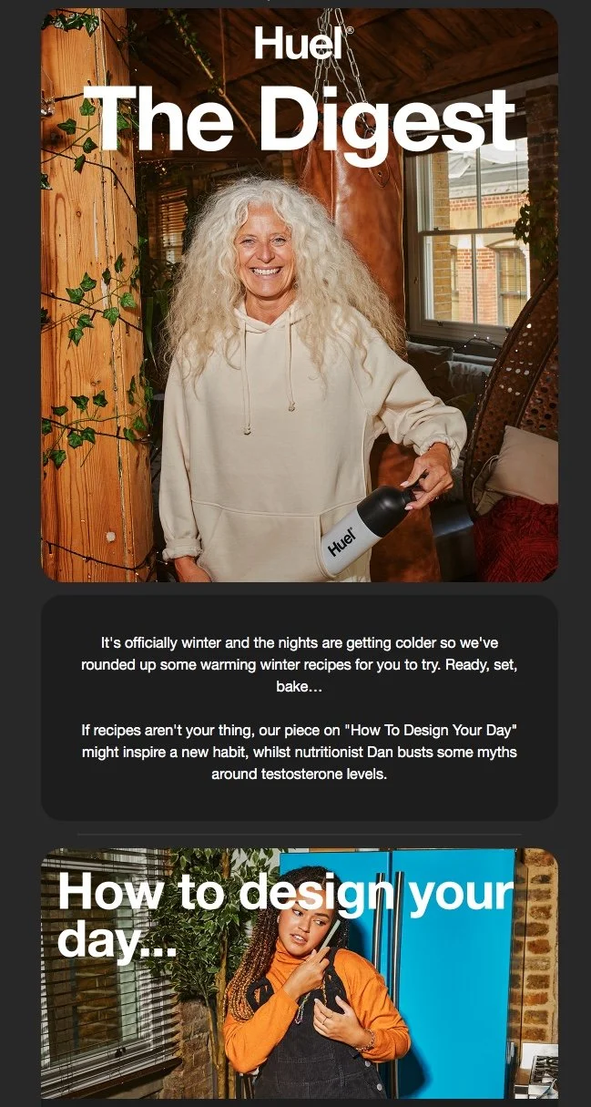 An older women holds a bottle of Huel in this lifestyle brand photography by London based lifestyle photographer Jon Enoch