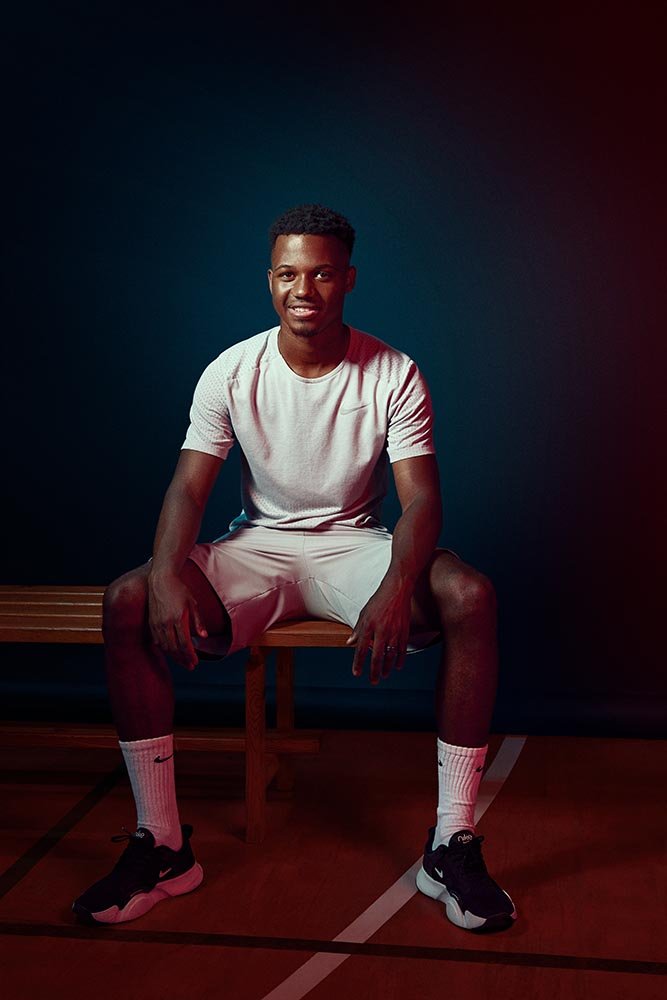 A sports portrait of Barcelona football player Ansu Fati.