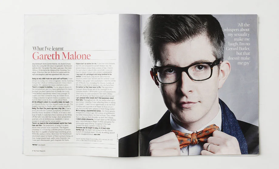 Gareth Malone in The Times Magazine by portrait advertising photographer Jon Enoch.