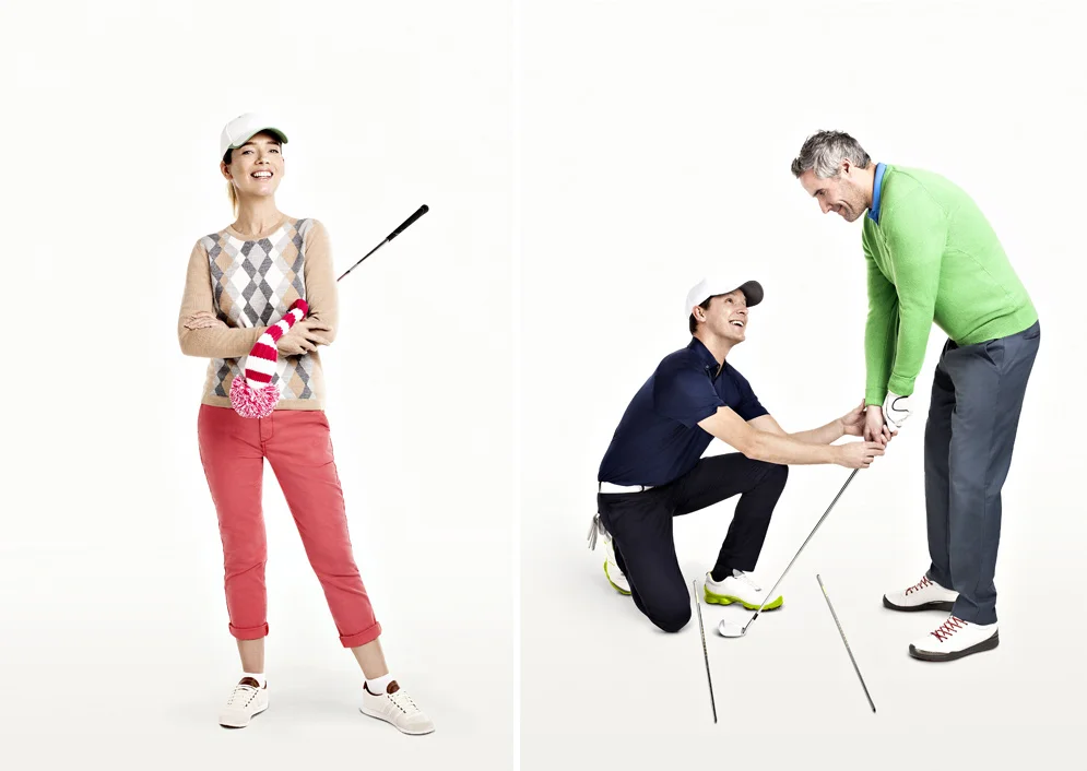 Images of a man and women receiving golf lessons.