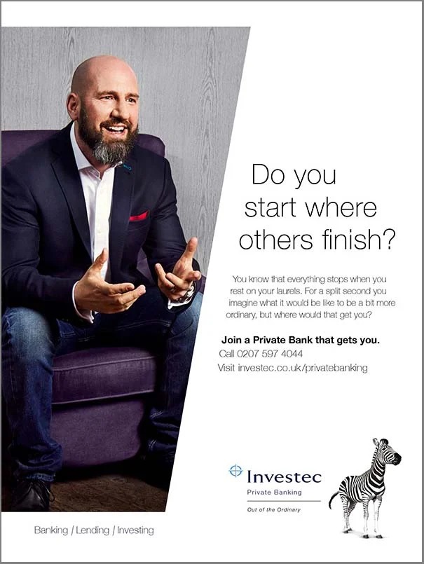 Prints adverts for Investec photographed by advertising photographer Jon Enoch