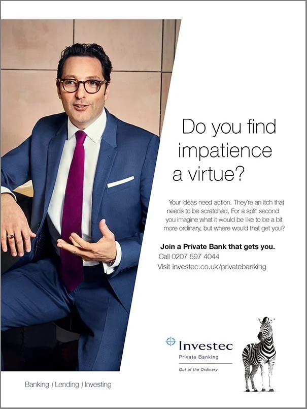 Prints adverts for Investec photographed by advertising photographer Jon Enoch