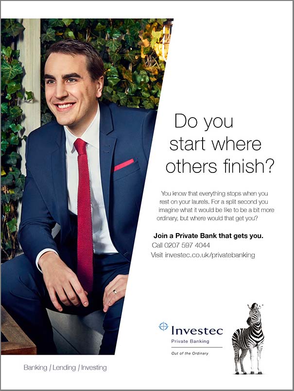 Prints adverts for Investec photographed by advertising photographer Jon Enoch