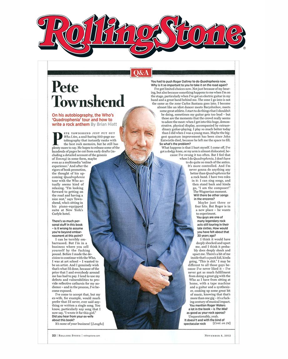 Pete Townshend portait by photographer Jon Enoch used by Rolling Stone.