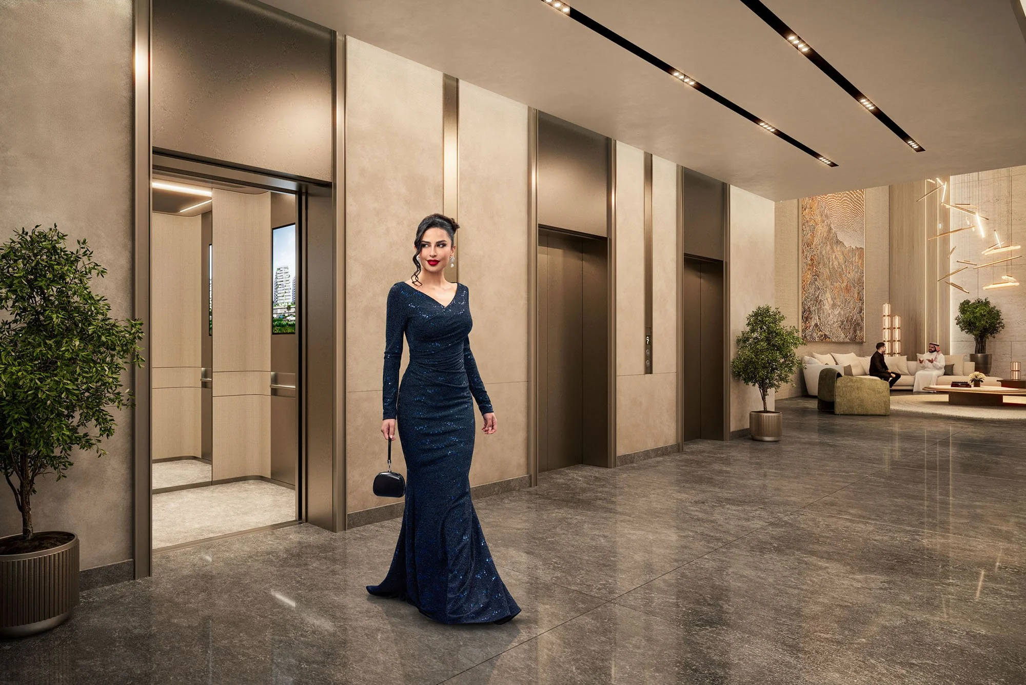 Lama Alakeel emberges into the lobby of a hotel in this lifestyle image taken by Jon Enoch in Saudi Arabia for the National Housing Council to promote their 'Residence at Sadayem' mega project.