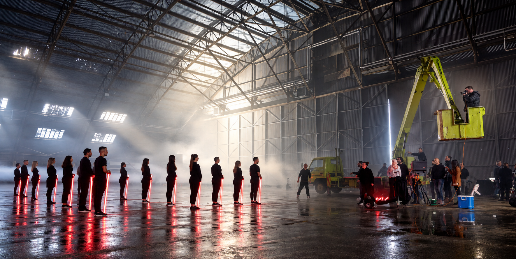 Jon Enoch photographing an advertising production from a cherry picker, with performers and crew in a warehouse.