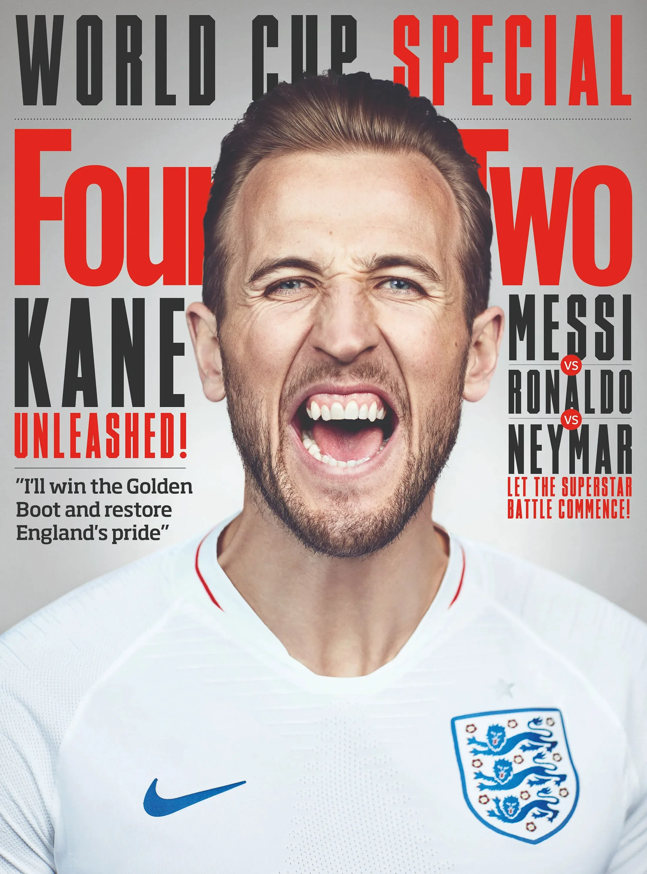Cover magazine featuring Harry Kane in an England football jersey, shouting with a fierce expression, with bold headlines about the World Cup and football matches involving Messi, Ronaldo, and Neymar.