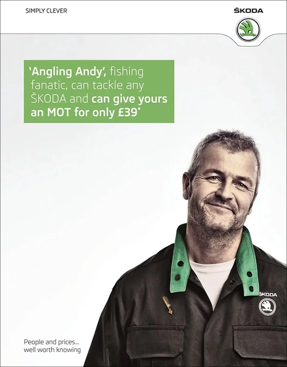 Advertisement for Skoda featuring a man called 'Angling Andy' holding a fishing tackle box. Promotes a deal where he will give an MOT for only £39 if you buy a Skoda.