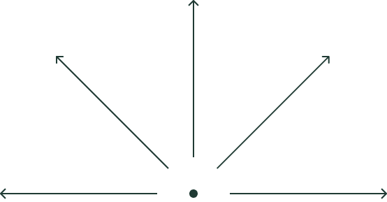 Diagramm mit einem Mittelpunkt und acht Pfeilen, die in verschiedene Richtungen zeigen.