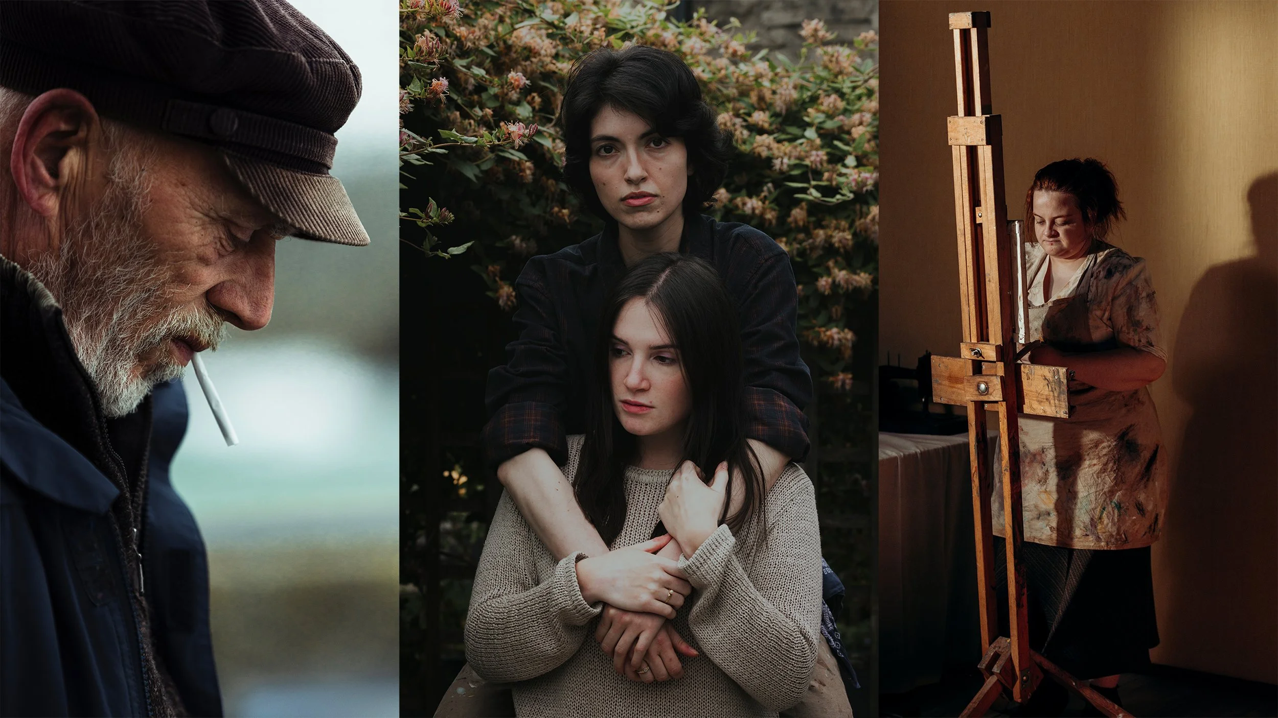 Three different women in three scenes: an elderly man with a beard and a cigarette, two young women outdoors with one resting her chin on the other's shoulder, and a woman painting on an easel indoors with a shadow cast on the wall.