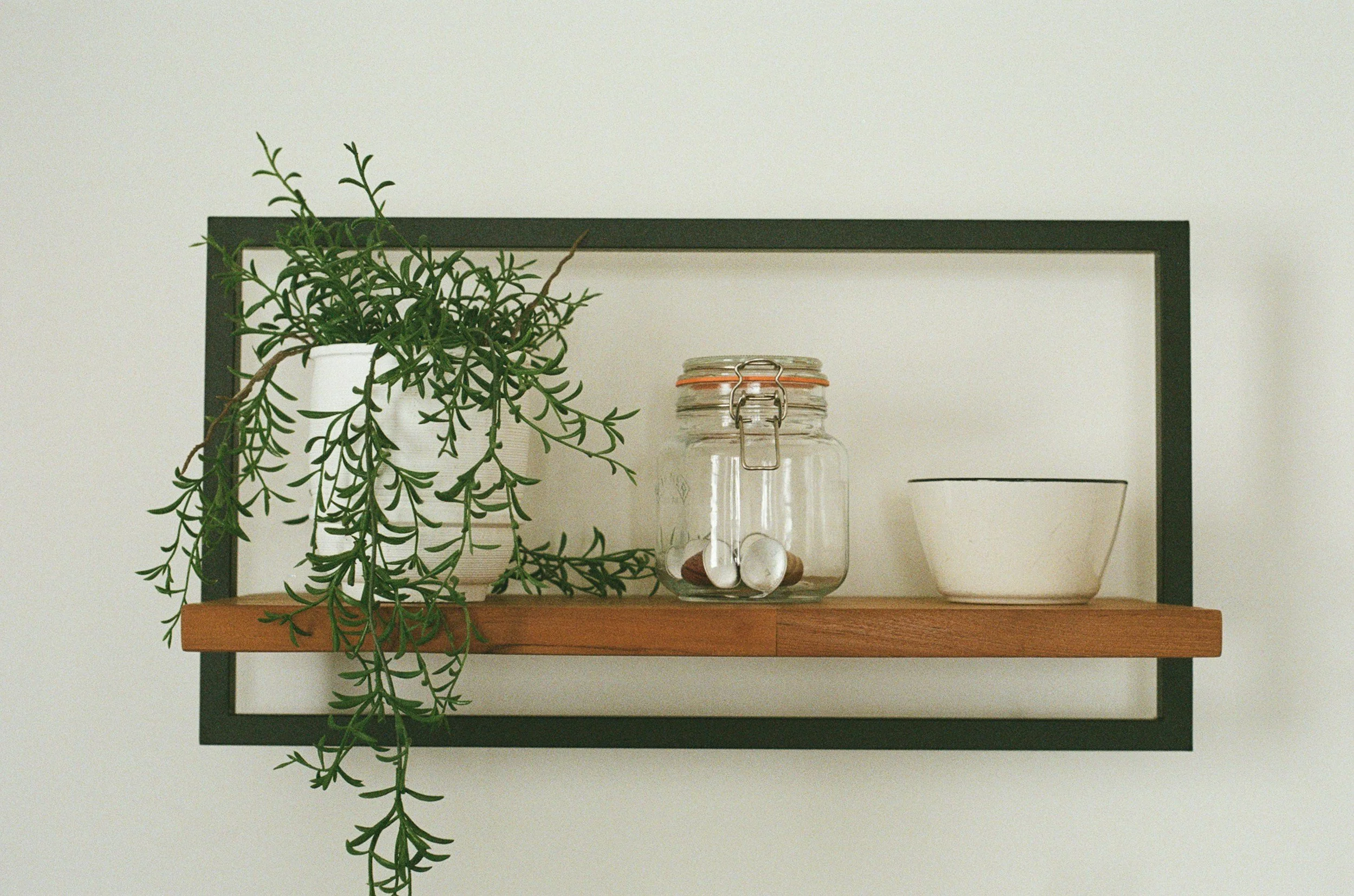 Wall-mounted shelf with a potted plant, a glass jar with pills, a bowl, on a white wall.