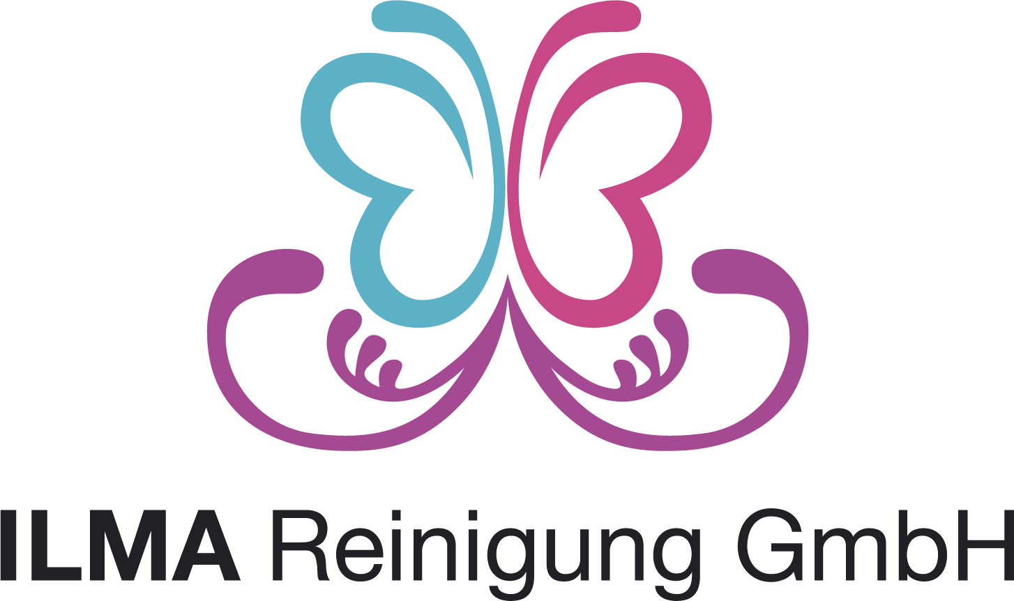 Ein stilisiertes Schmetterlingslogo mit blauen und lila Flügeln, darunter der Text "ILMA Reinigung GmbH".
