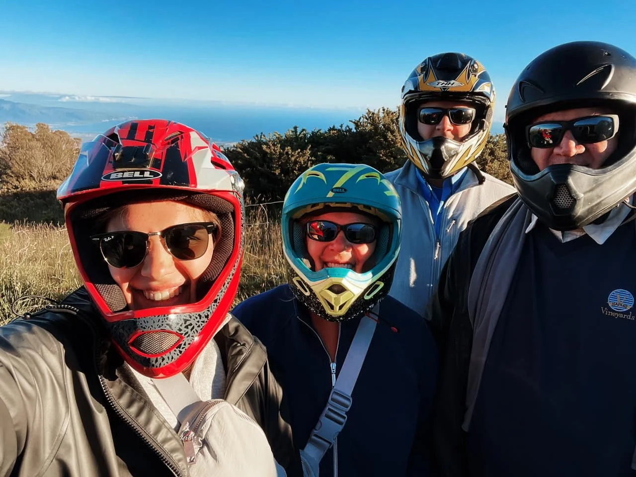 Four people wearing motorcycle helmets and sunglasses taking a selfie outdoors with a scenic background of trees, distant ocean, and mountains under a clear blue sky.