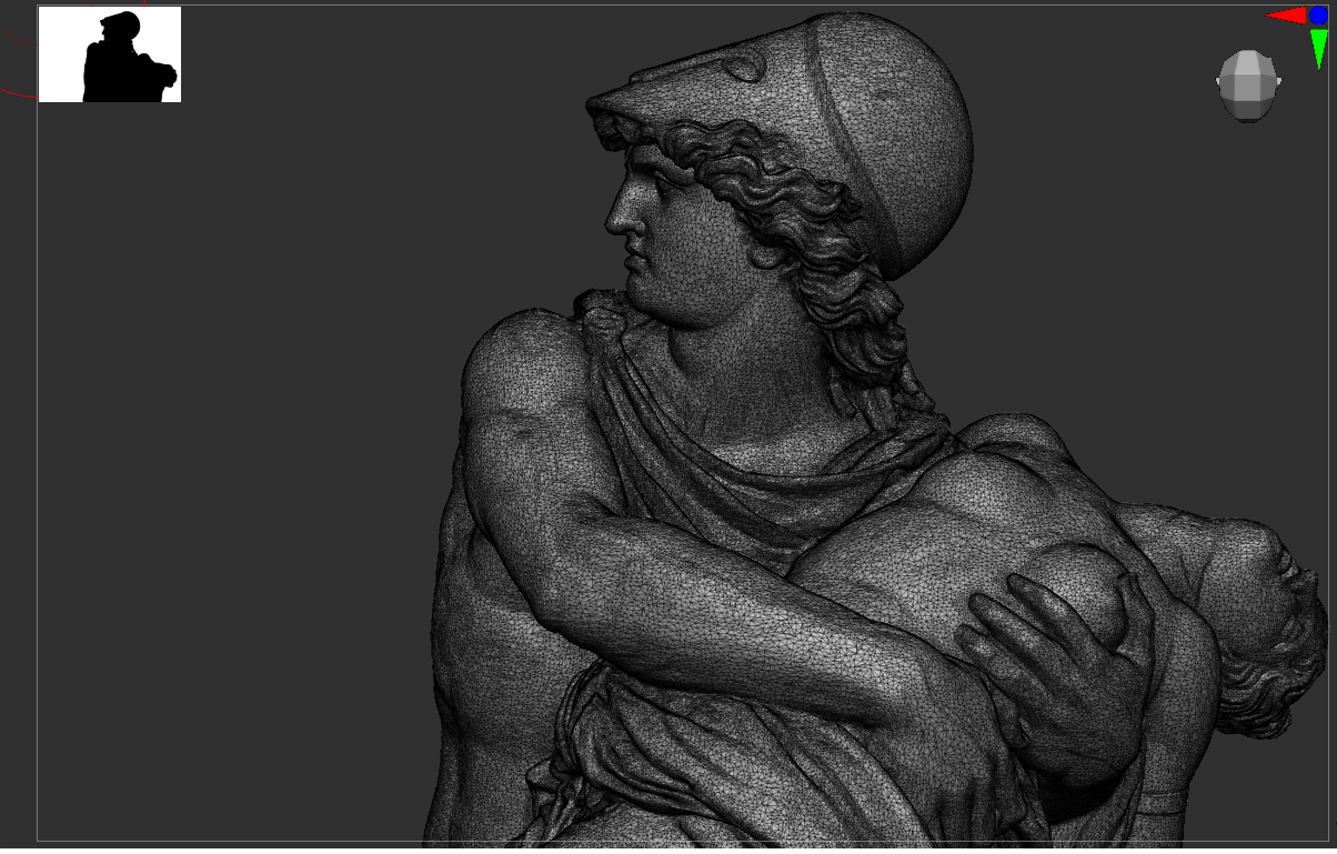 Modèle 3D en fil de fer d'une sculpture classique représentant une femme portant un casque et tenant une enfant dans ses bras.