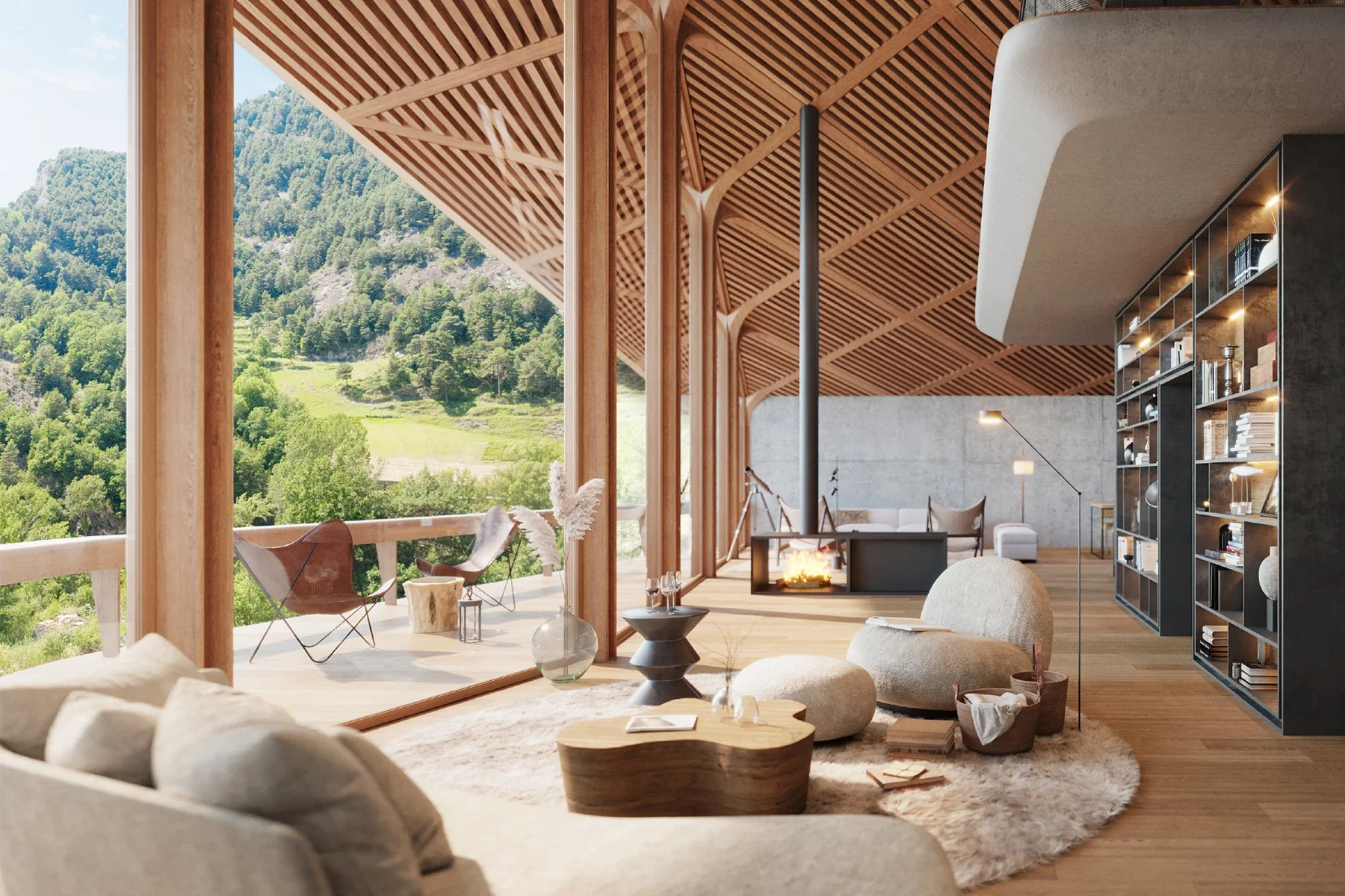 Interior moderno de sala con vista a la naturaleza, muebles de colores neutros, estantería con libros, chimenea en mesa y decoración cálida.