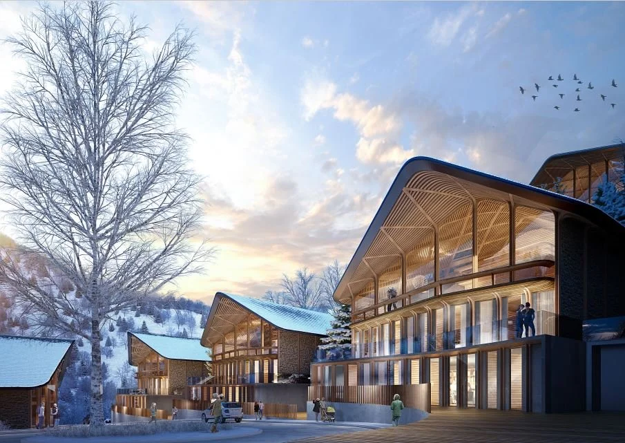 Edificios modernos en un entorno nevado con árboles y montañas, al atardecer, con personas paseando y un grupo de aves en el cielo.