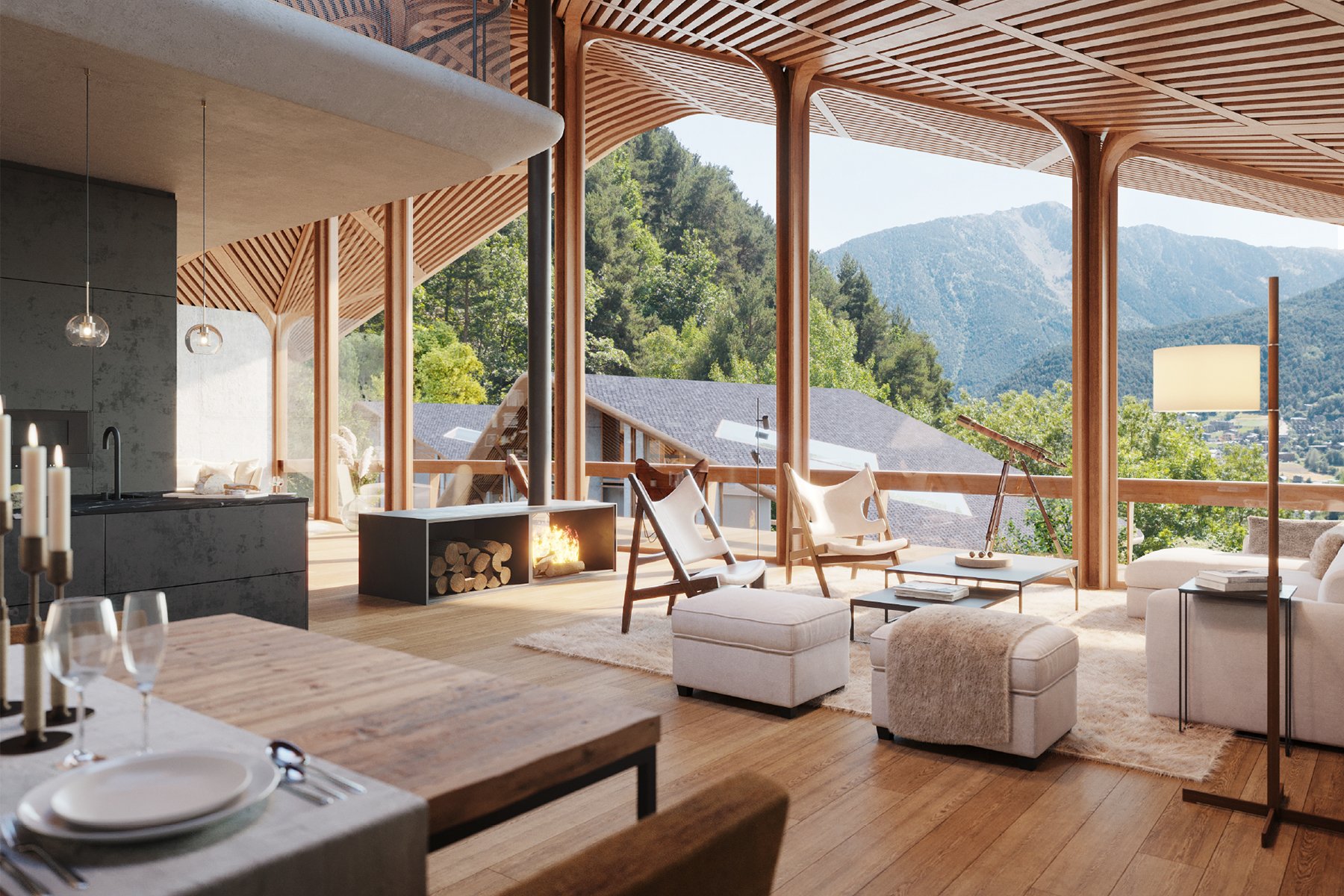 Sala de estar moderna con vista a la montaña, con sillones blancos, una chimenea y ventanas grandes de madera que dejan entrar luz natural.