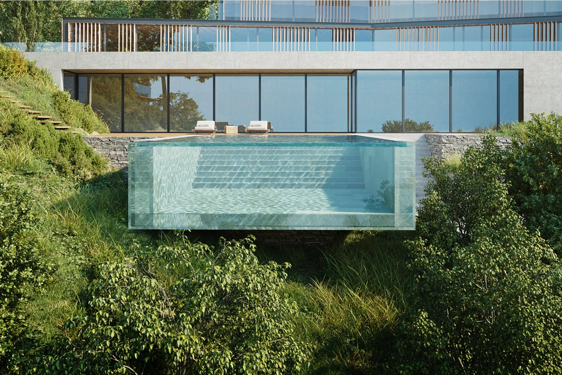 Vista de una casa moderna con grandes ventanales, una piscina en forma de caja en la terraza y vegetación verde alrededor.
