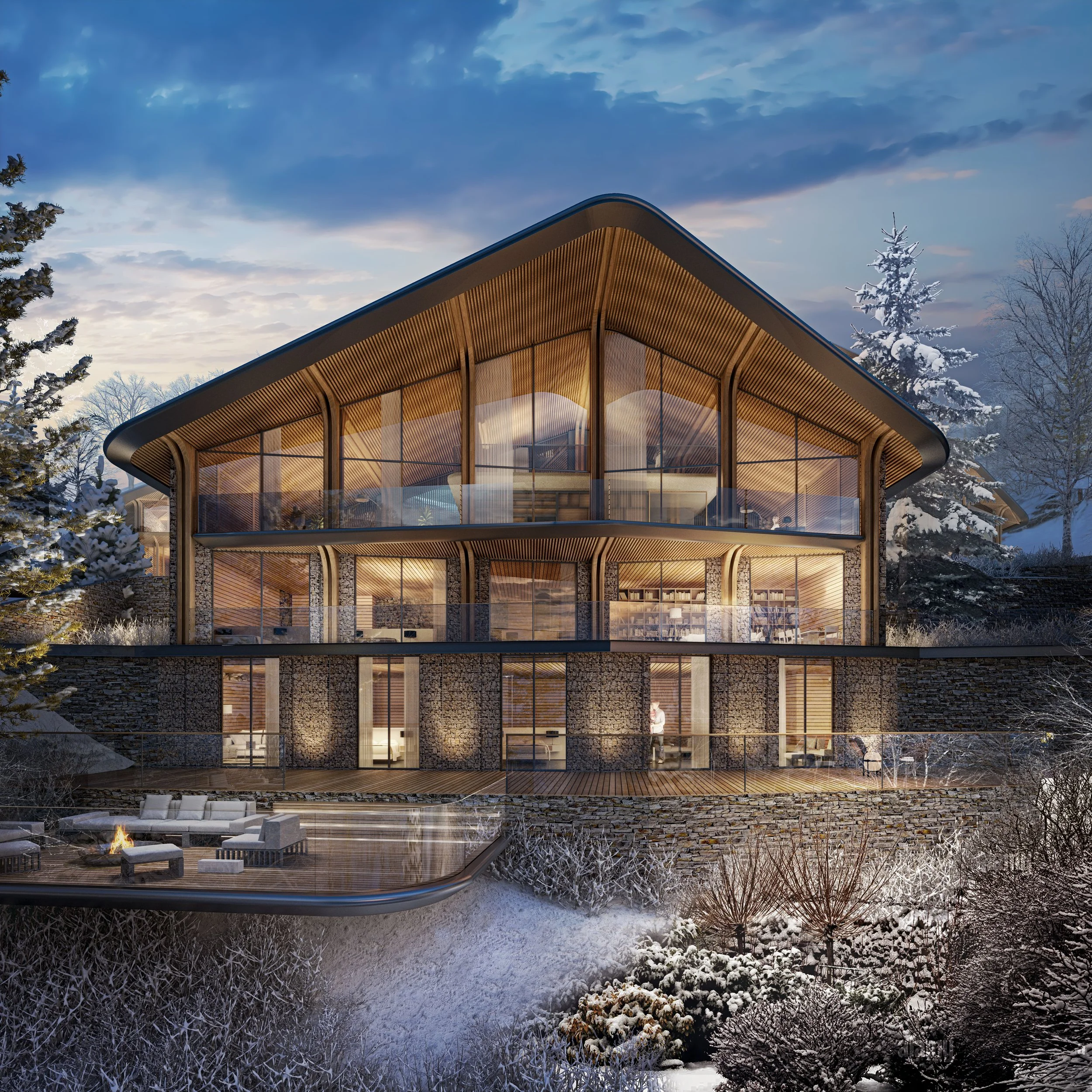 Casa moderna de varios pisos con estructura de madera y grandes ventanas, rodeada de nieve y árboles, durante el atardecer.