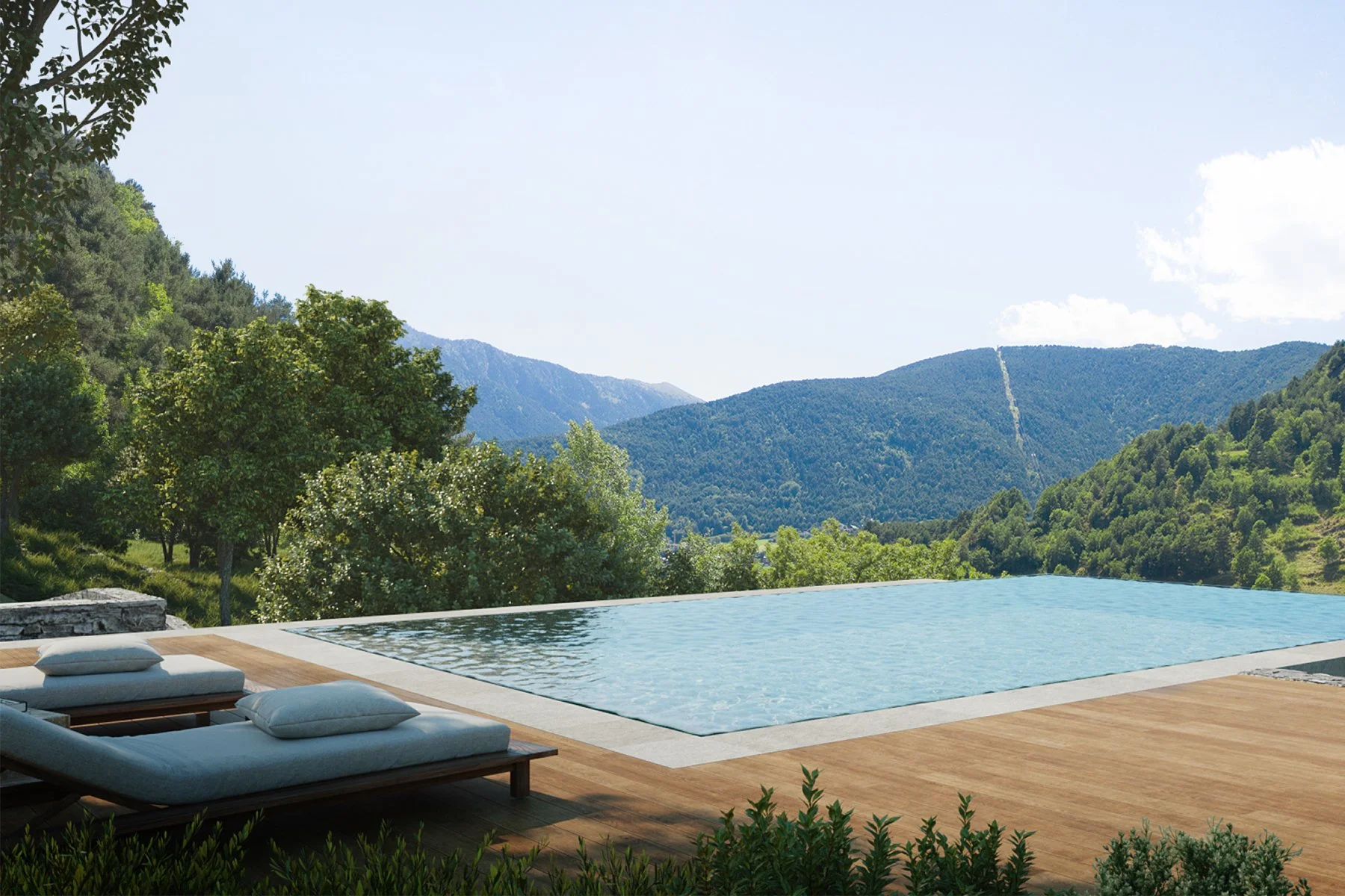 Piscina infinita en un entorno de montañas verdes y árboles, con tumbonas blancas y cojines en una plataforma de madera.